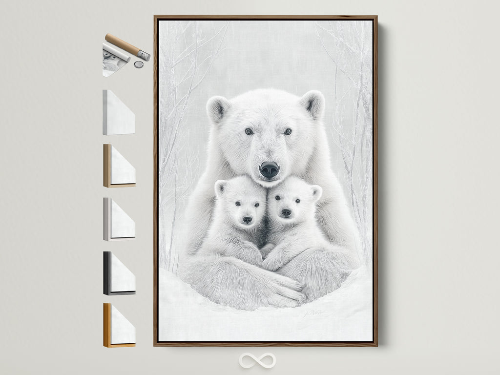 A heartwarming polar bear family artwork is displayed in a brown frame. See all frame options available to customize your wildlife wall art. Perfect monochrome animal canvas for nursery decor.