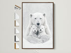 A heartwarming polar bear family artwork is displayed in a brown frame. See all frame options available to customize your wildlife wall art. Perfect monochrome animal canvas for nursery decor.