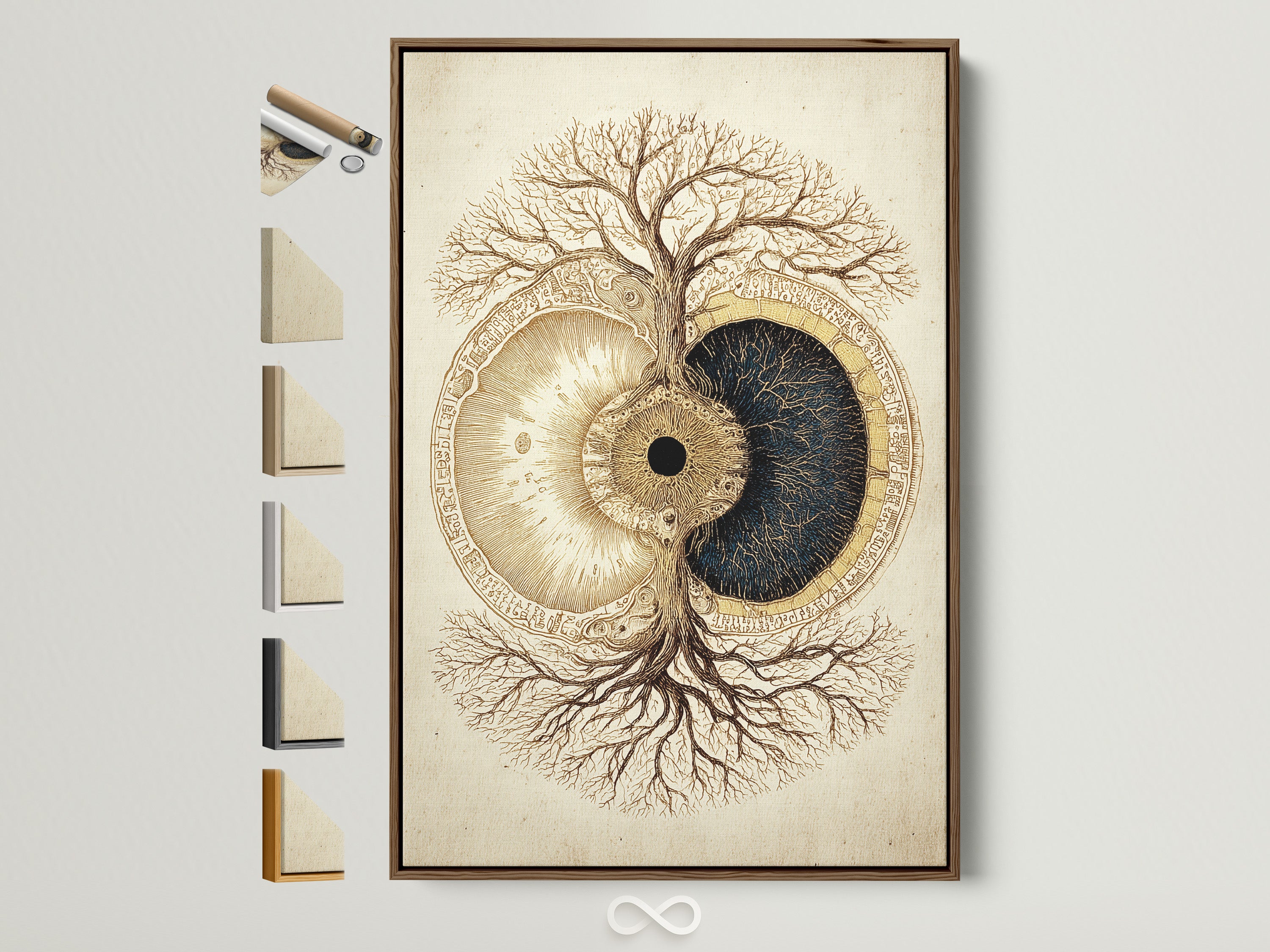 Brown frame displays the artwork. All available frame options are showcased on the side. Explore a variety of frames. Find the perfect frame to complement your art. This art piece is a perfect addition to any home. The art features a tree and eye artwork.