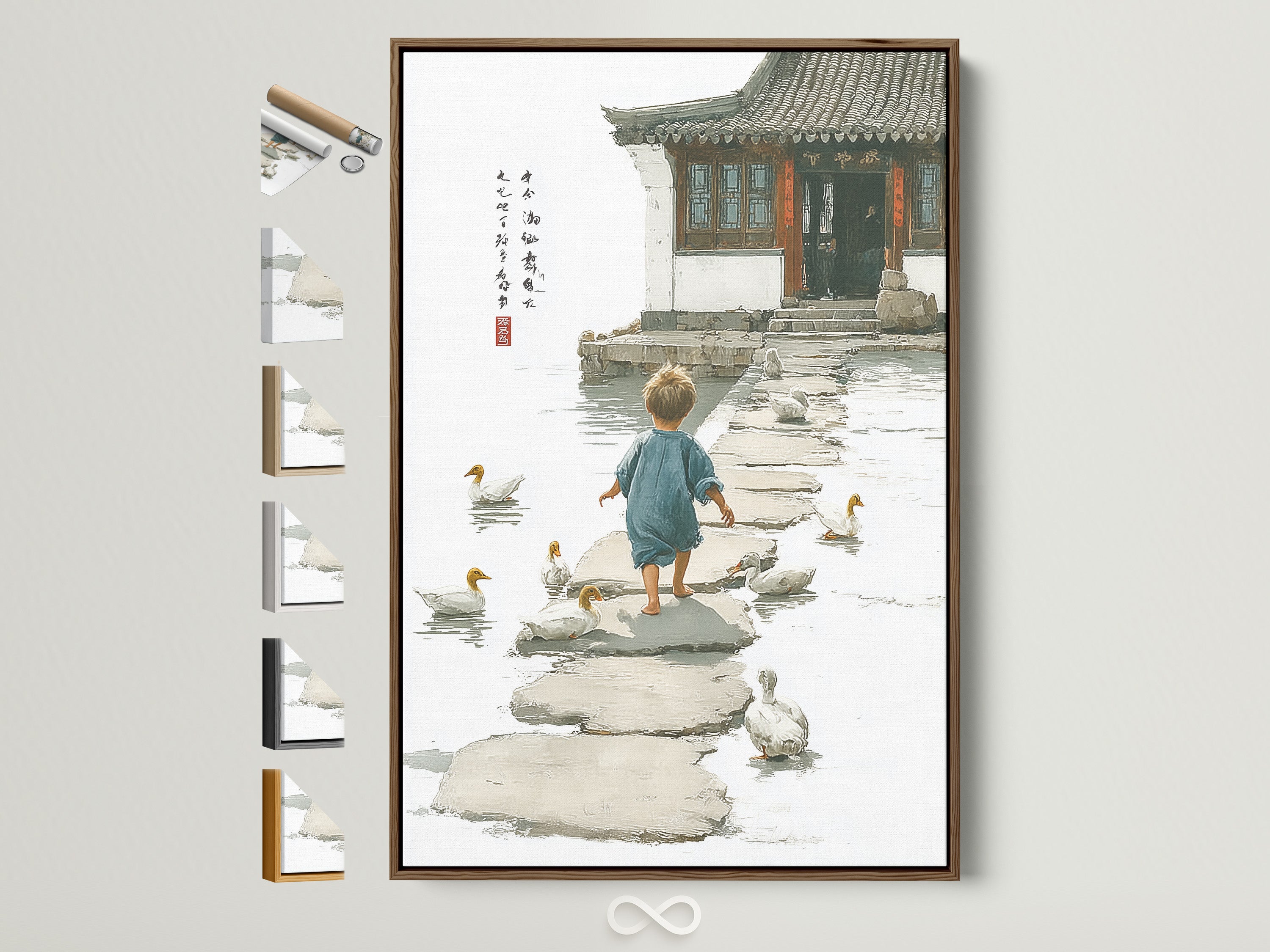 A captivating brown frame showcases a serene artwork. The image features a child walking among ducks on stepping stones. Frame options are displayed elegantly on the side. Enhance your space with framed art. It is a timeless choice for any room decor.