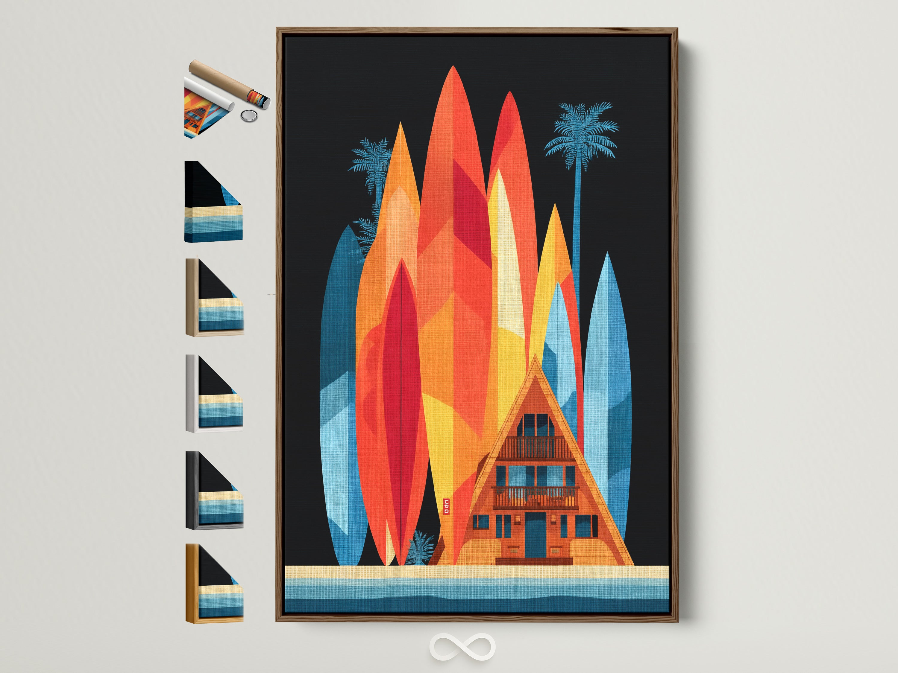 A-Frame house artwork in a brown frame. This retro beach wall art showcases surfboard art. See available frame options for this mid-century modern coastal home decor piece. Perfect surf shack art for coastal living spaces.