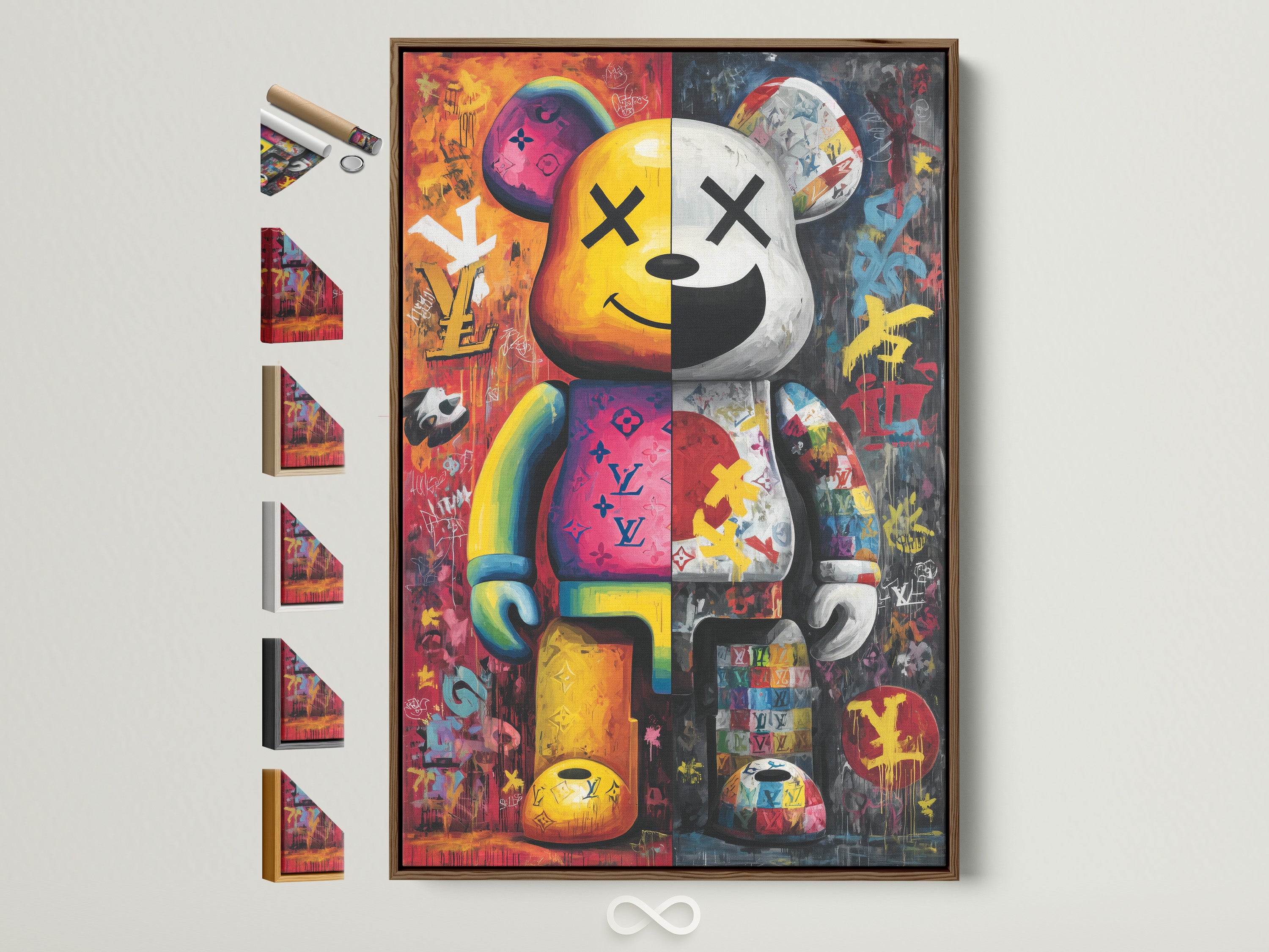 Kaws Companion artwork with a brown frame. The artwork features a colorful bear character. It is a mix of pop art street graffiti wall art. The art is displayed with various frame options.