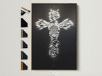 Christian Cross Wall Art is displayed in a brown frame with various frame options. This modern religious canvas print features a striking zebra pattern cross artwork. Perfect for bedroom decor. Explore christian cross art religious wall art zebra pattern art cross canvas print and modern cross decor.
