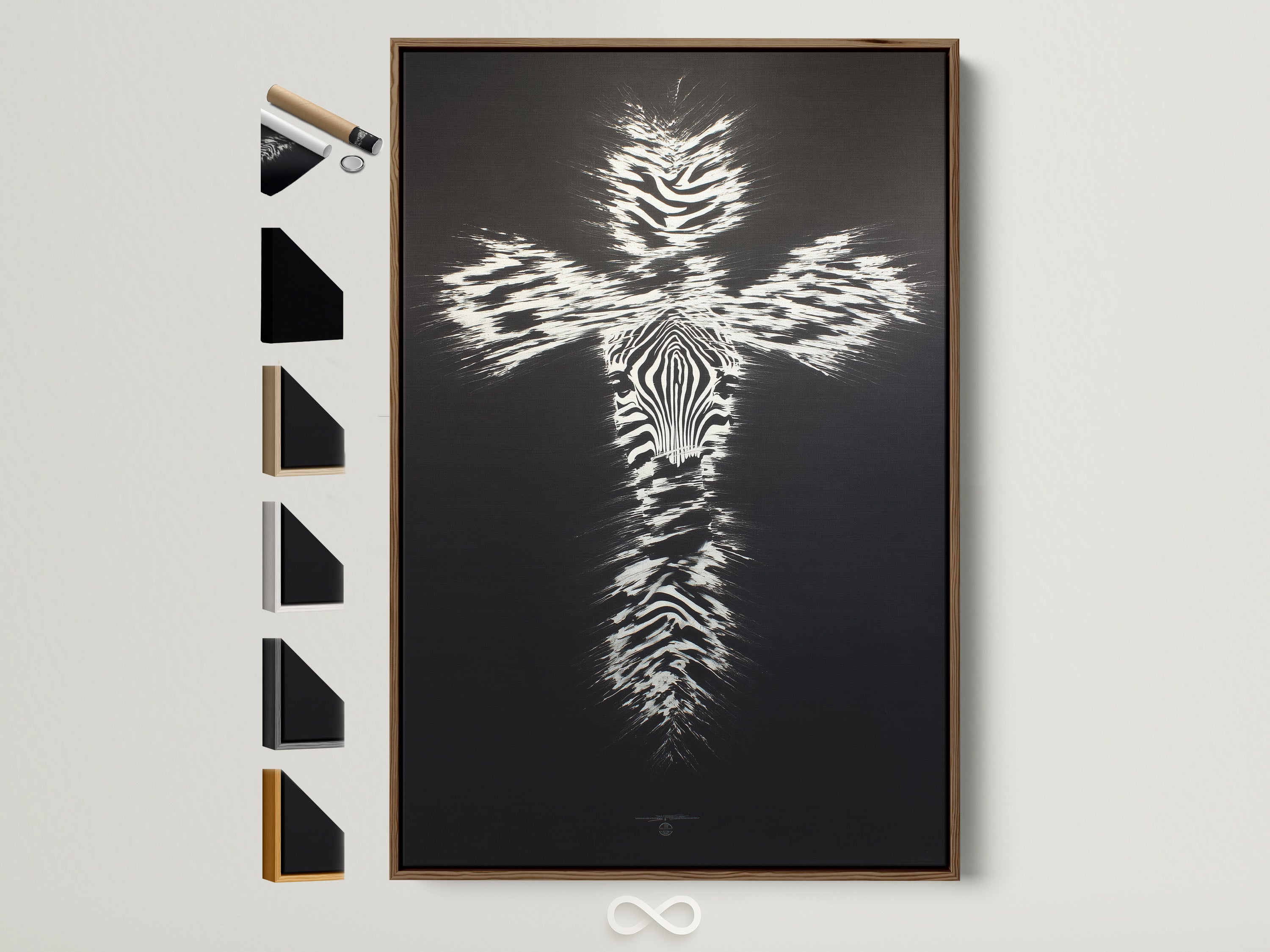 Christian Cross Wall Art is displayed in a brown frame with various frame options. This modern religious canvas print features a striking zebra pattern cross artwork. Perfect for bedroom decor. Explore christian cross art religious wall art zebra pattern art cross canvas print and modern cross decor.