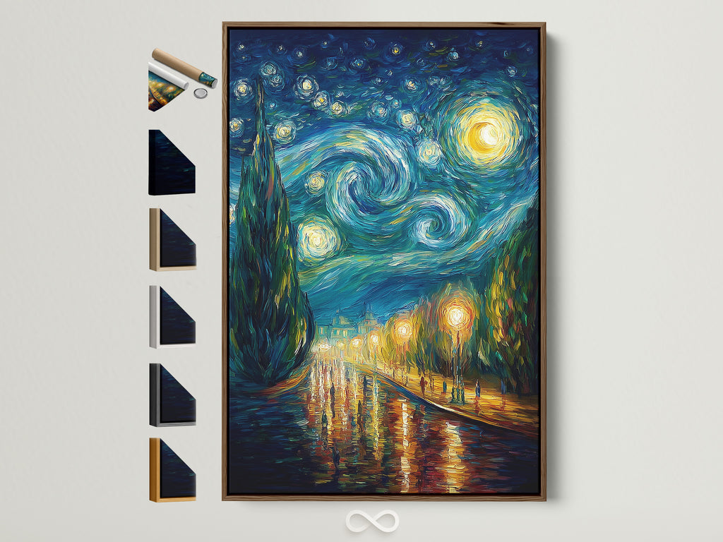 Explore framed artwork options. This image showcases a brown frame. It shows various frame styles available on the side. Find the perfect frame to complement your art. Discover all the frame choices here.