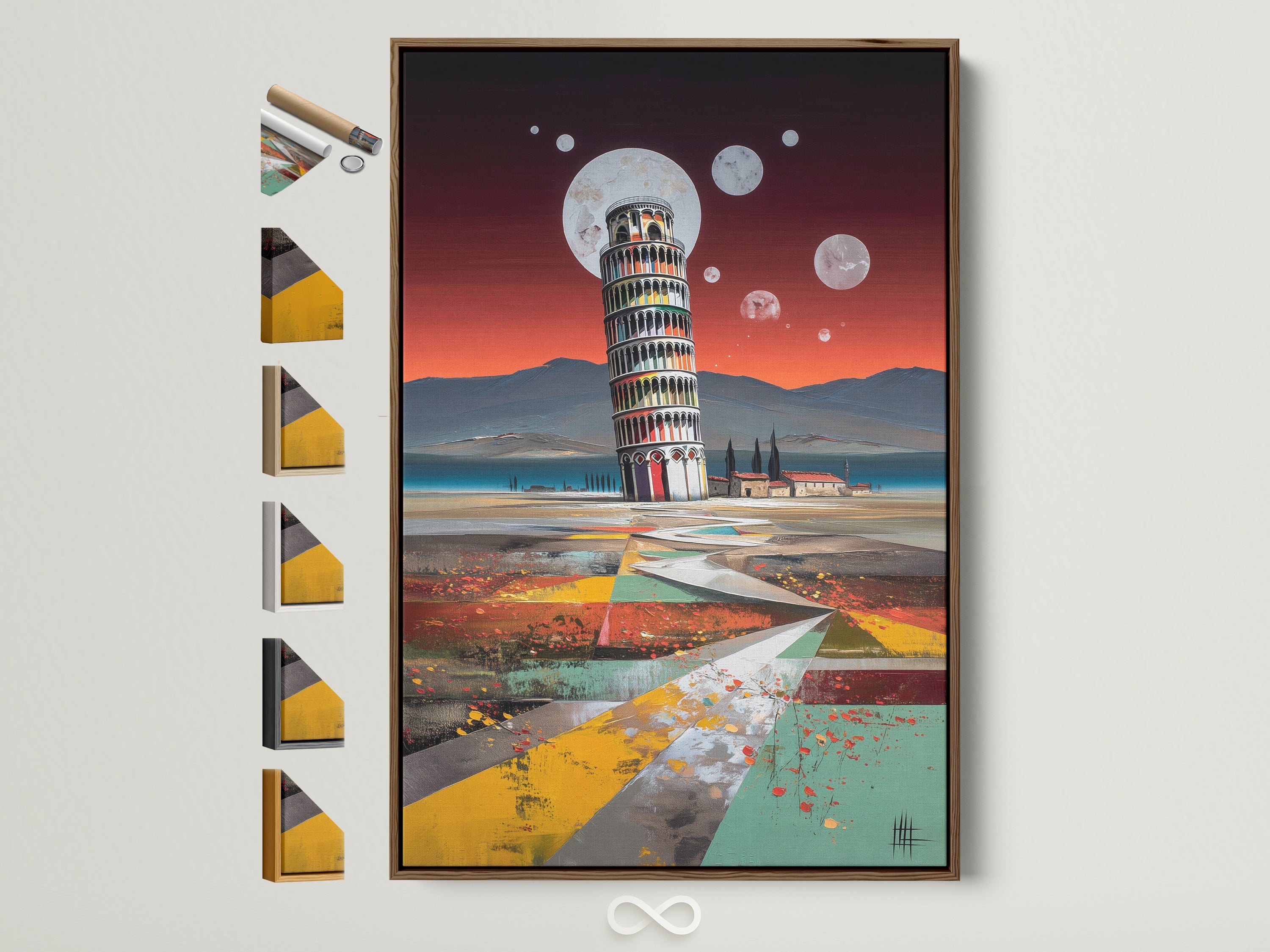Explore our exquisite frame selection for your Pisa Tower artwork. This photo showcases a brown frame alongside other available frame styles. Enhance your surreal Italy art with the perfect frame. Discover options for abstract landscape or modern office artwork. Find the ideal frame to complement your contemporary artwork.