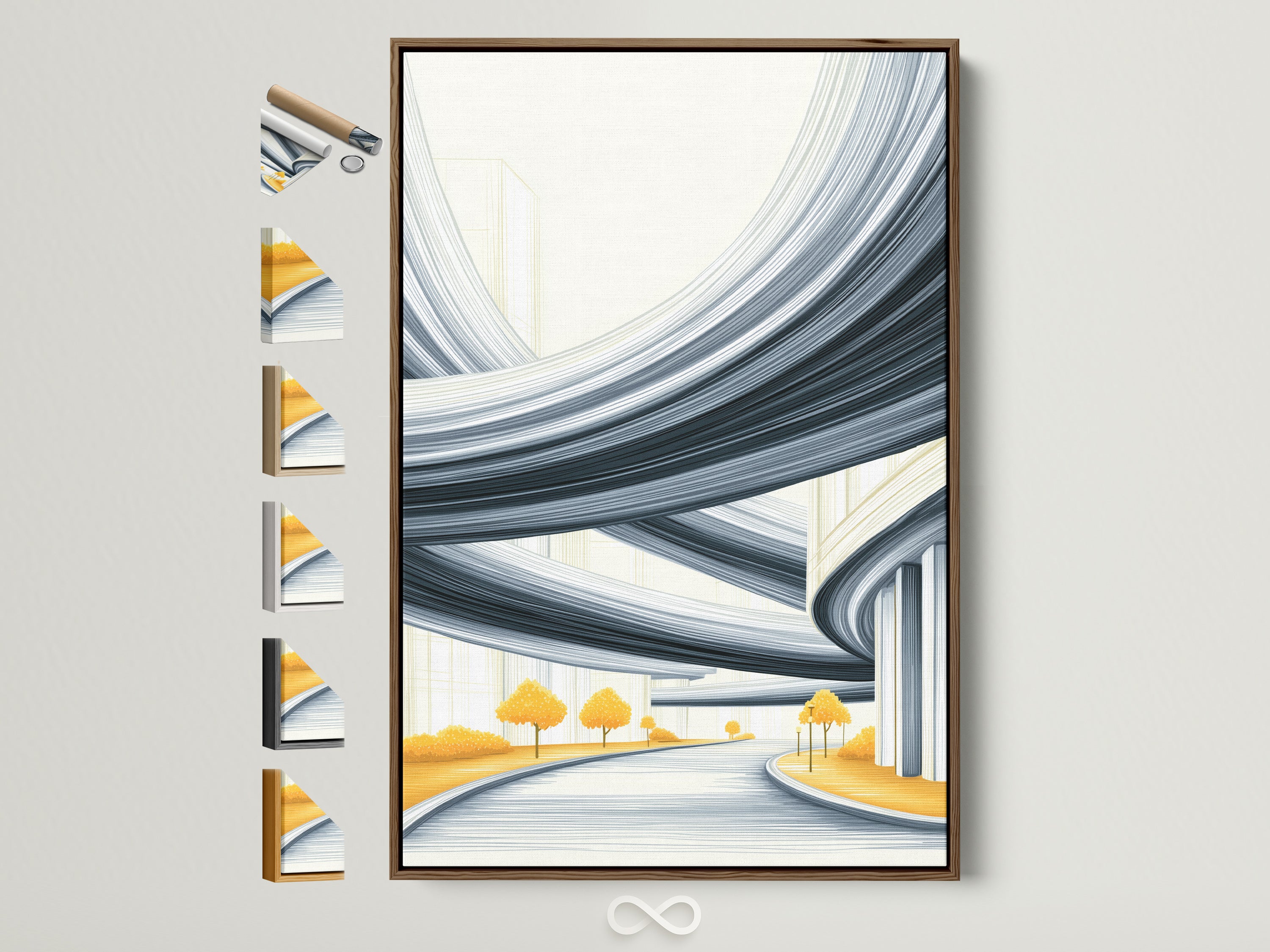 Explore framing options for abstract cityscape artwork. See a brown frame showcasing available styles. Perfect for modern architecture wall art. Ideal for office or home decor. Discover graphic artwork to elevate any space.