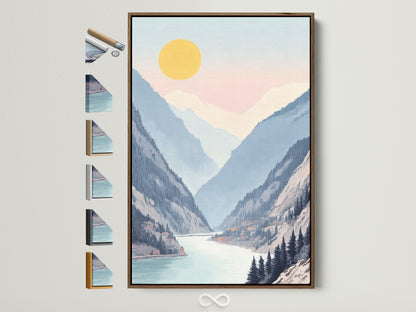 A serene valley wall art piece is displayed within a brown frame. Various frame options are showcased beside it. This pastel landscape artwork brings a tranquil aesthetic to any space. Perfect for adding a touch of nature to your office or home decor. Discover the beauty of mountain lake art.