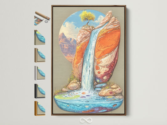 A captivating desert waterfall artwork is displayed in a brown frame. Notice the various frame options showcased beside it. This southwestern landscape print brings boho nature wall decor to any bedroom or office space. The earth tones blend Bohemian and Eclectic styles.