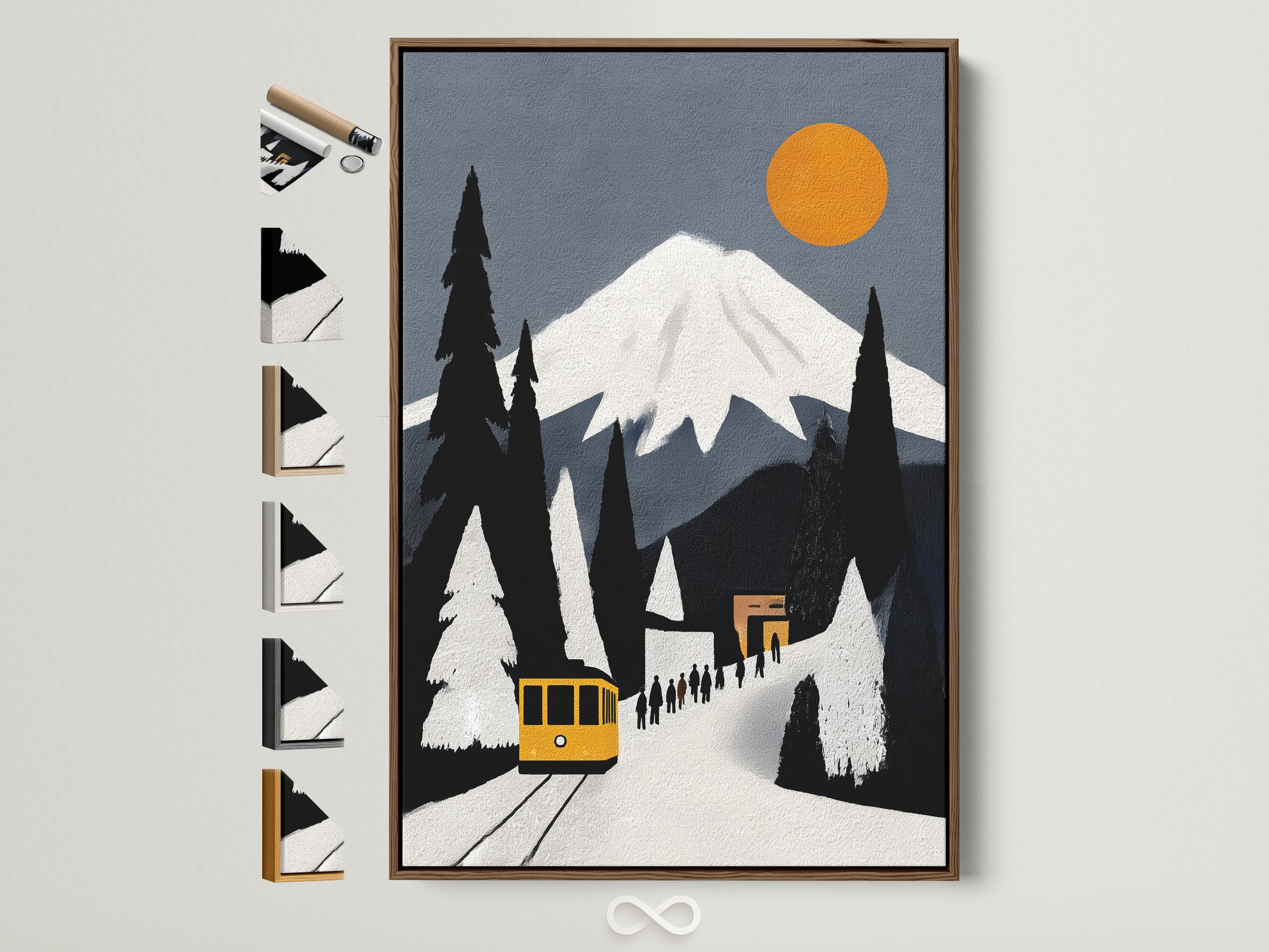 Mountain Train canvas art print in a Brown frame. All frame options are displayed on the side. Vintage travel poster art adds to your office decor. Alpine railway wall art for homeowners renters and business owners.