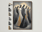Abstract Hooded Figures art print is displayed in a brown frame. See all frame options available. The artwork features mysterious modern figures. This contemporary spiritual artwork will elevate your office decor.