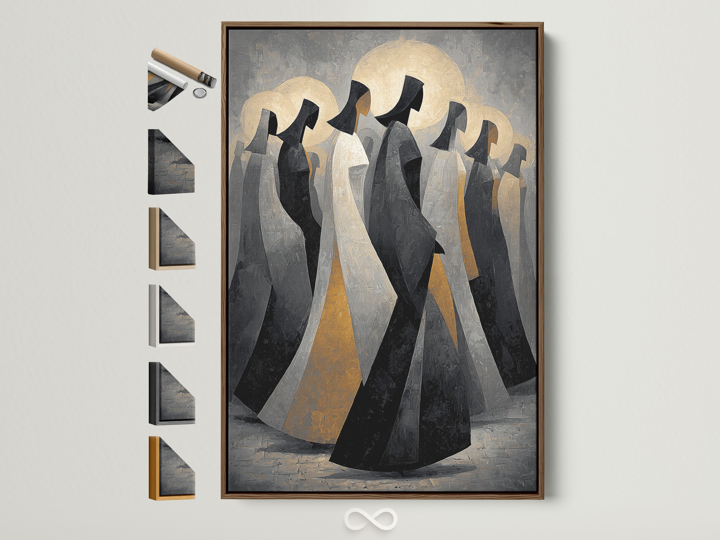 Abstract Hooded Figures art print is displayed in a brown frame. See all frame options available. The artwork features mysterious modern figures. This contemporary spiritual artwork will elevate your office decor.