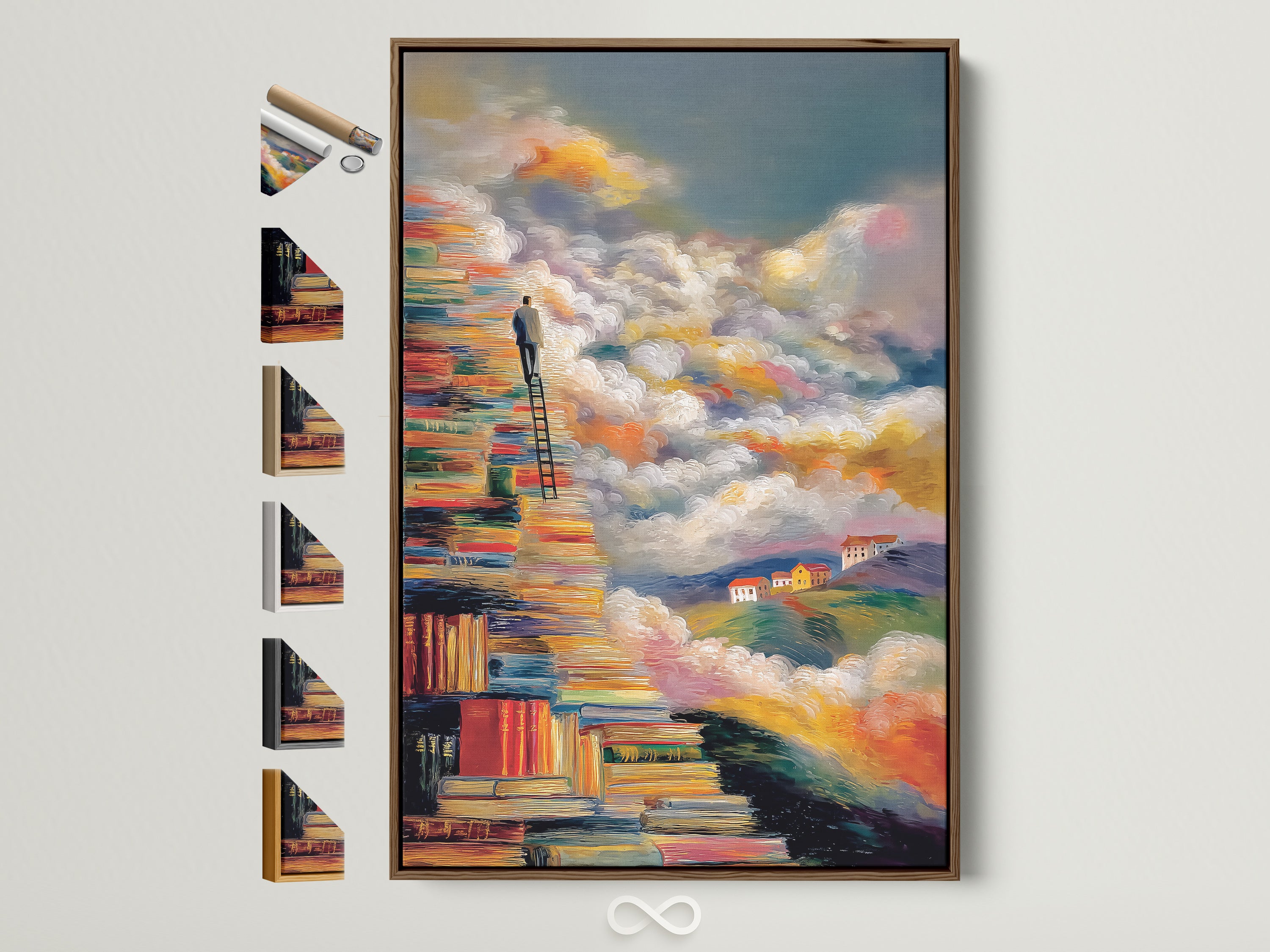 Books to Clouds artwork in a brown frame. This surreal artwork features a stairway of books leading up to a cloudy sky. Frame options are displayed on the side. This is modern wall decor for a study room or library. It is an inspirational gift for book lovers.