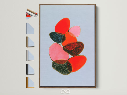 Explore frame options for abstract stone canvas artwork. A brown frame surrounds the modern geometric wall art. See available frame styles for colorful balance art. Perfect bedroom wall decor.