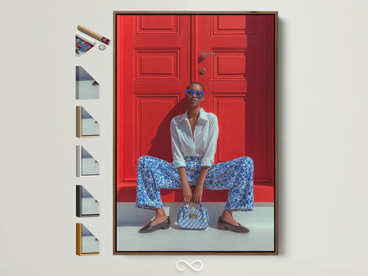 Fashion Photography Print - Blue Pattern Outfit Red Door Portrait, Modern Wall Art, Contemporary Home Decor, Style Statement