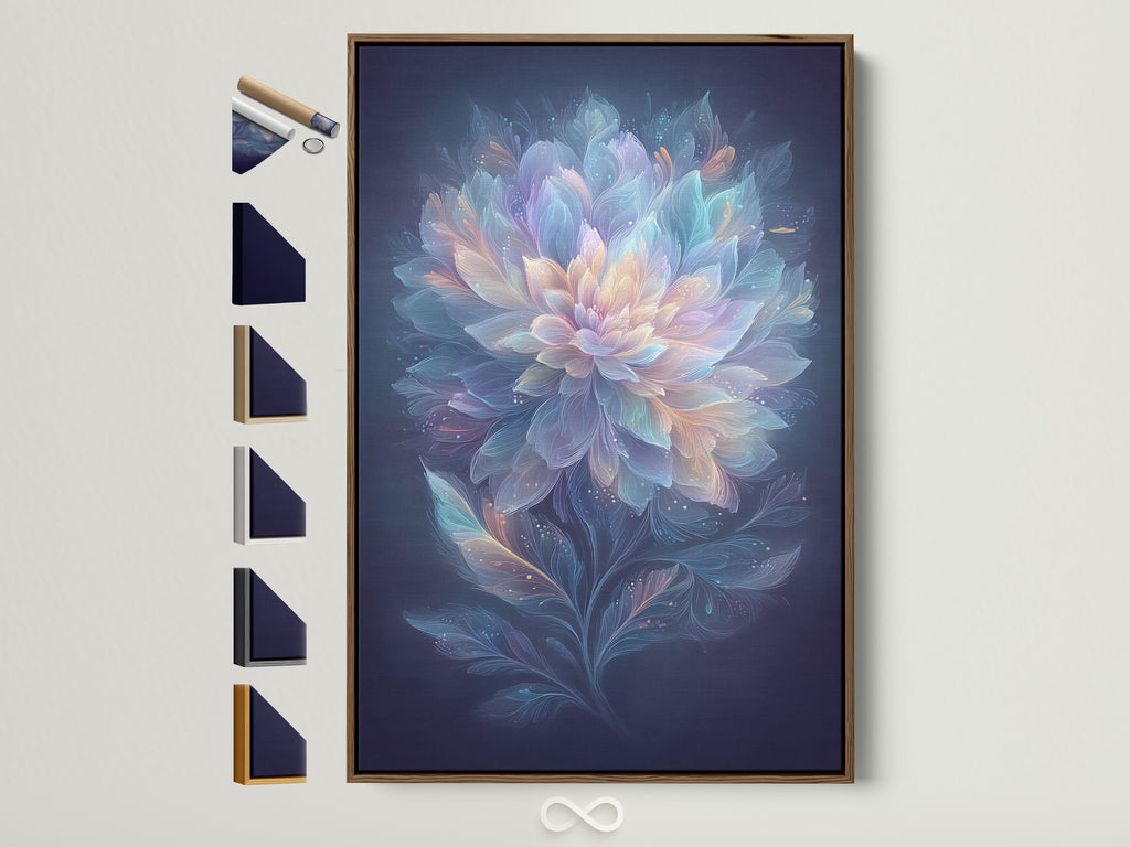 Ethereal Flower artwork is showcased in a brown frame. This pastel blue and pink wall art brings a dreamy botanical touch. Discover frame options to enhance your bedroom decor. It offers refined modern wall art.