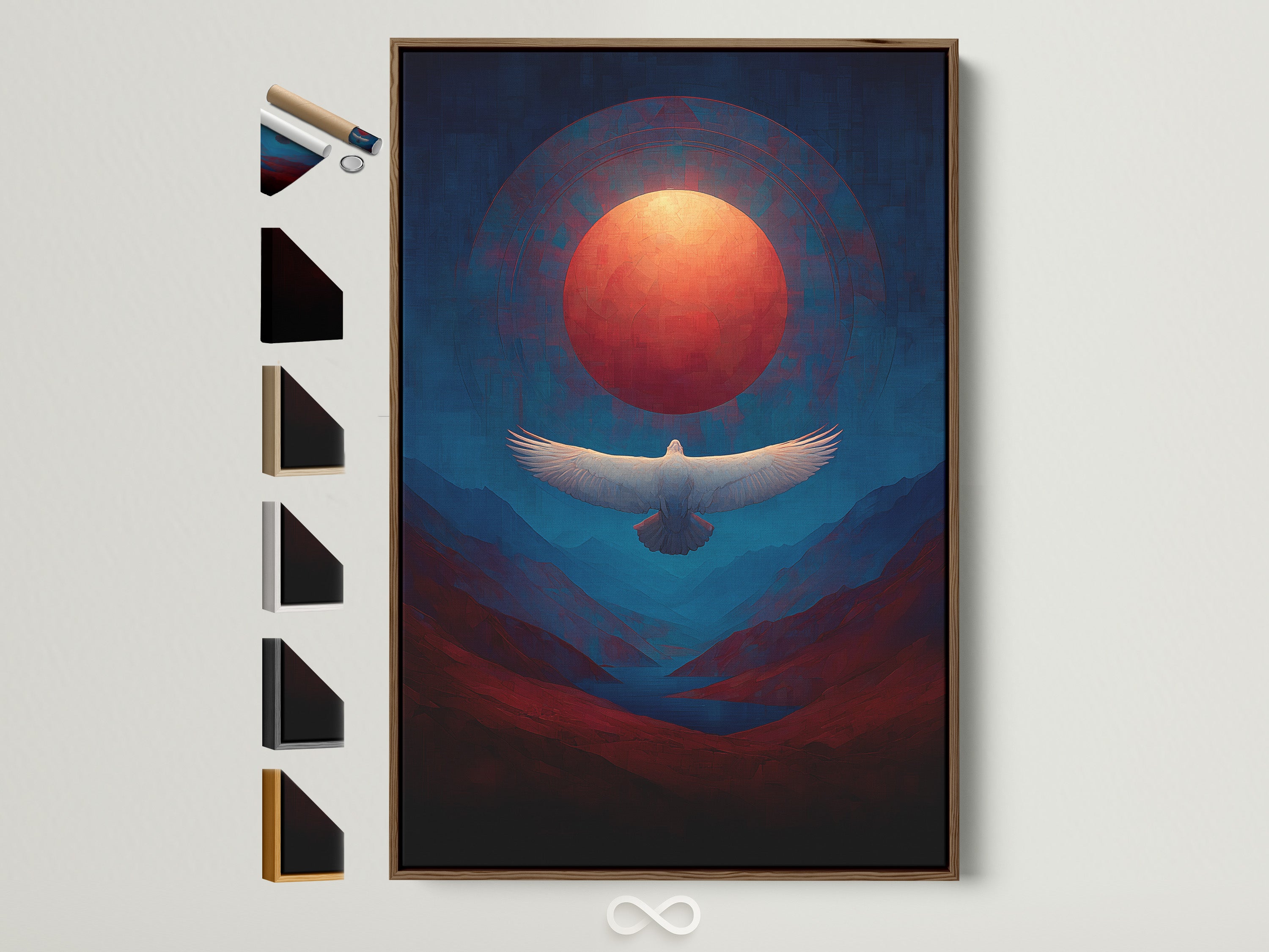 Spiritual bird wall art in a brown frame showcases a sunset mountain landscape. The red sun is high above a white bird in flight. This eagle sunset canvas art evokes a sense of peace. Find the perfect frame to complement your meditation room decor. Explore our options today