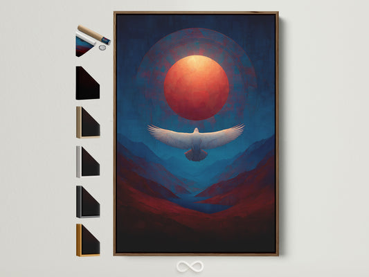 Spiritual bird wall art in a brown frame showcases a sunset mountain landscape. The red sun is high above a white bird in flight. This eagle sunset canvas art evokes a sense of peace. Find the perfect frame to complement your meditation room decor. Explore our options today