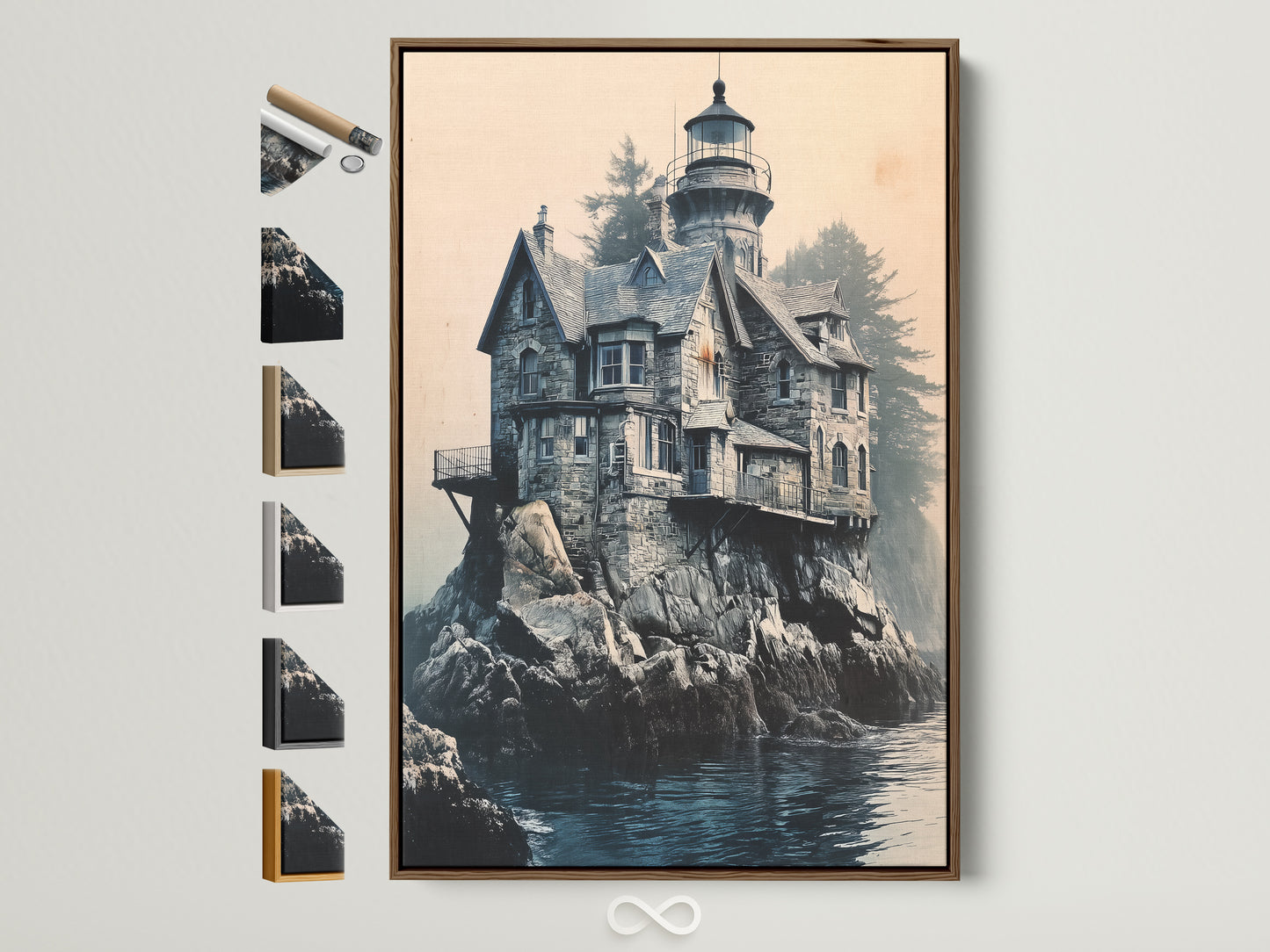 A Lighthouse Canvas Print is displayed within a brown frame. The artwork shows coastal architecture. It features an ocean view. The frame options are visible on the side. Consider this seascape wall art for your office decor.