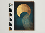 A teal and gold abstract sun wave artwork is displayed within a brown frame. Other frame options are visible on the side. This modern geometric art is perfect for bedroom decor. It's a contemporary print suitable for minimalist or eclectic spaces. A sophisticated choice for living rooms bedrooms and home offices.