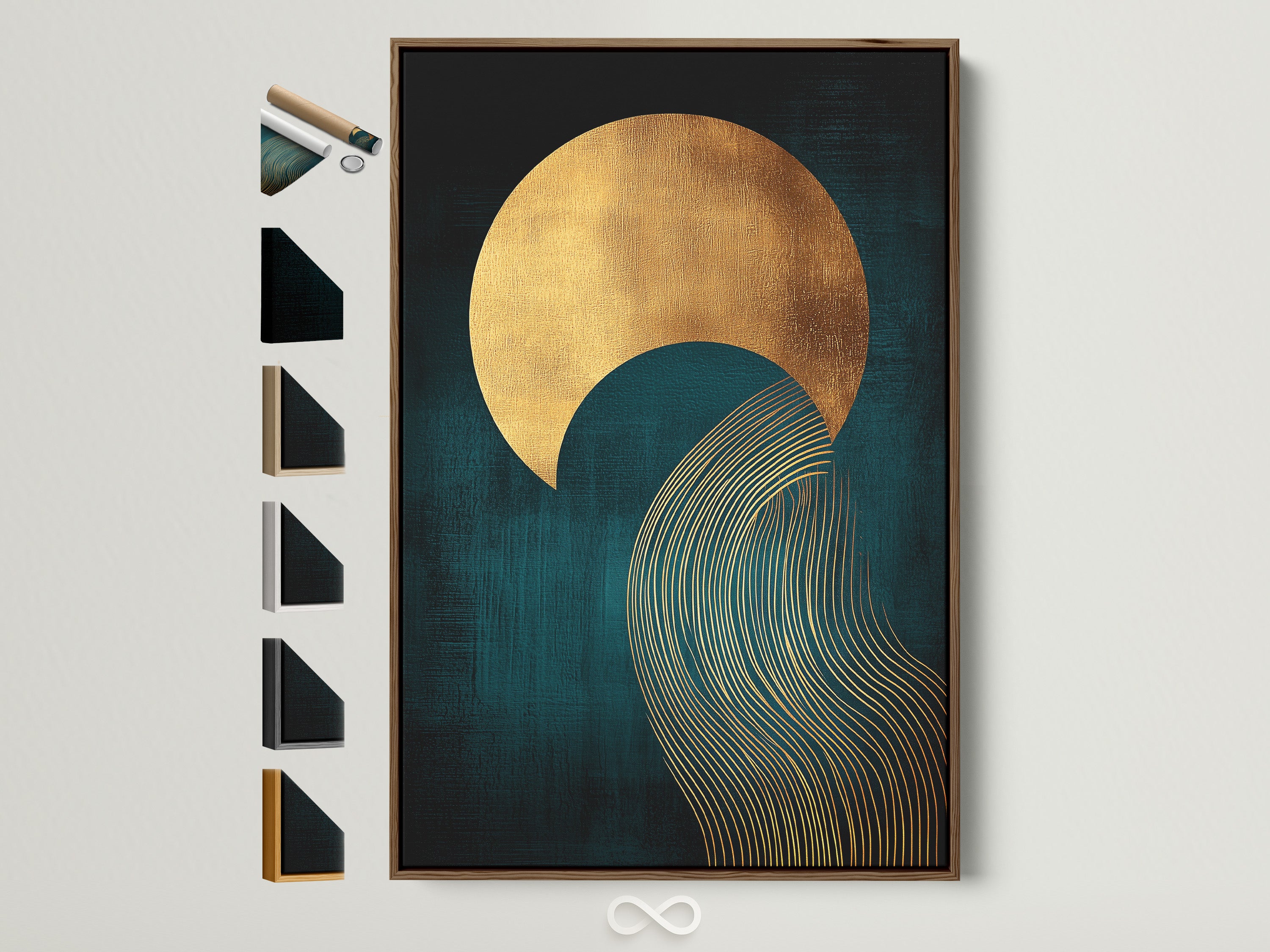 A teal and gold abstract sun wave artwork is displayed within a brown frame. Other frame options are visible on the side. This modern geometric art is perfect for bedroom decor. It's a contemporary print suitable for minimalist or eclectic spaces. A sophisticated choice for living rooms bedrooms and home offices.