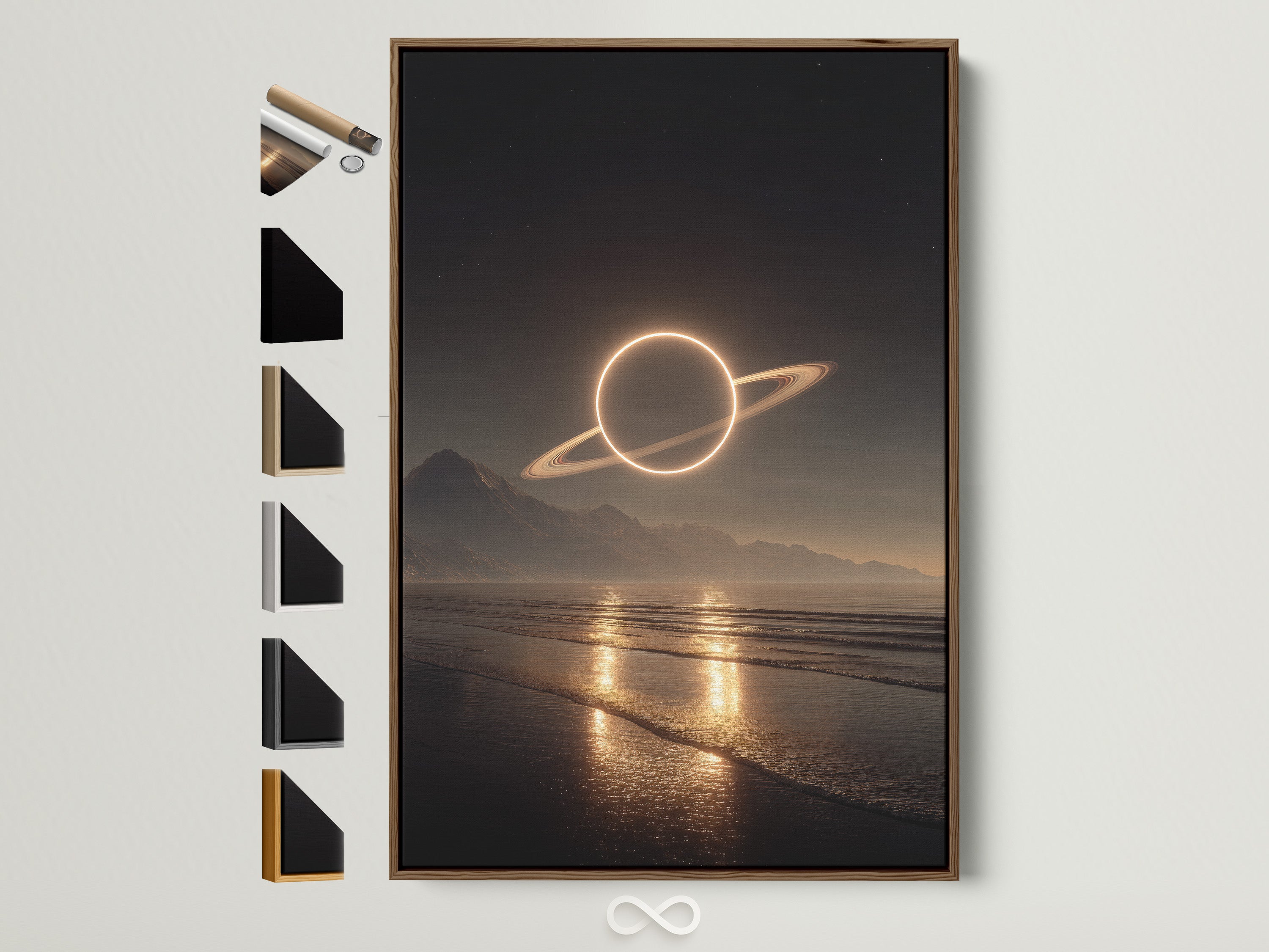 A captivating artwork is displayed in a brown frame. The art features a planet over a serene beach at night. Explore all framing options to perfectly complement your artwork. Different frame styles are showcased to enhance your space.