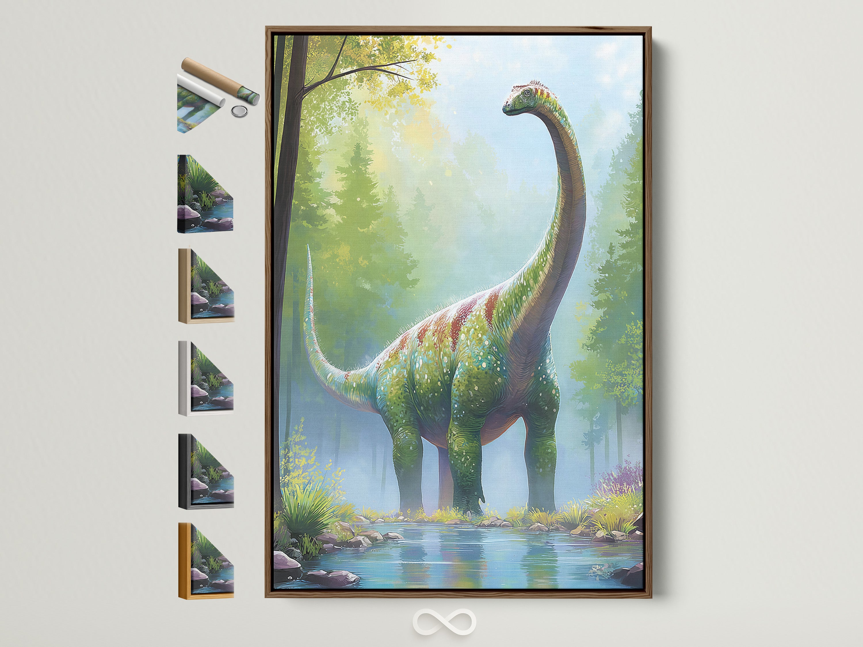 A dinosaur art print is displayed in a brown frame. See all available frame options. Customize your art with various frame styles. Find the perfect frame to complement your artwork. Explore framing choices now