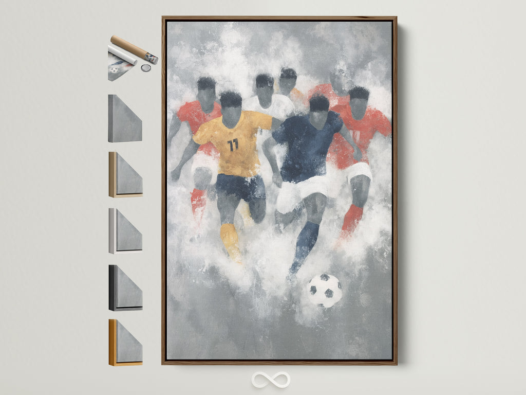 Framed soccer abstract art print displayed on a white wall. This artwork features a dynamic scene of soccer players in action. The art is encased in a brown frame. Other frame color options are displayed on the side. Perfect sports canvas print for game room decor.
