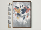 Framed soccer abstract art print displayed on a white wall. This artwork features a dynamic scene of soccer players in action. The art is encased in a brown frame. Other frame color options are displayed on the side. Perfect sports canvas print for game room decor.