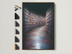 Brown frame displays a captivating library bookshelf art print. Various frame options are showcased. Elevate your space with this intellectual artwork. Perfect for study rooms or living rooms. A great gift for book lovers. Discover moody academia wall art for your home or office.