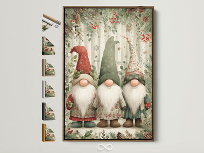 Christmas Gnomes Canvas Print - Holiday Gnome Wall Art, Scandinavian Winter Decor for Farmhouse Kitchen Wall Decor