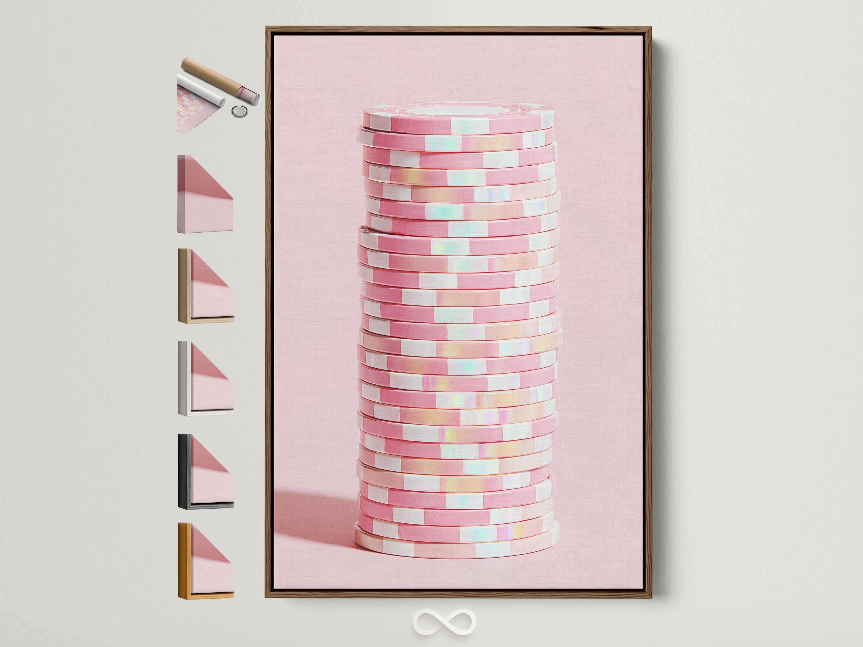 Abstract geometric artwork in a brown frame. The artwork features pink pastel wall art. Notice all the frame options displayed on the side. Perfect modern minimalist decor for any office space.