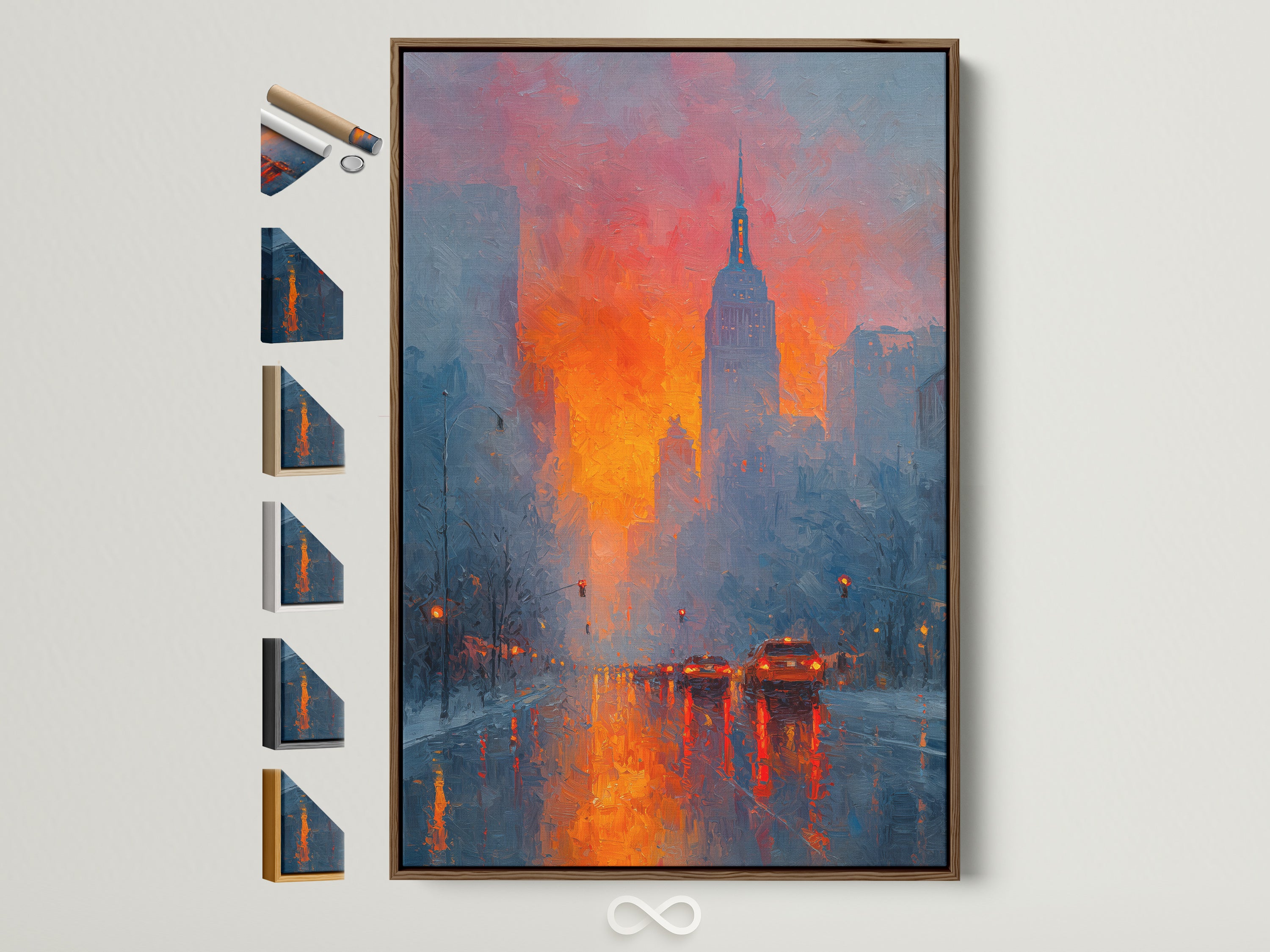 Explore frame options for your New York City sunset skyline art. See the brown frame alongside other frame styles. Each frame enhances this urban landscape painting. Perfect for adding warmth to any room. Discover the ideal frame for your office wall decor.
