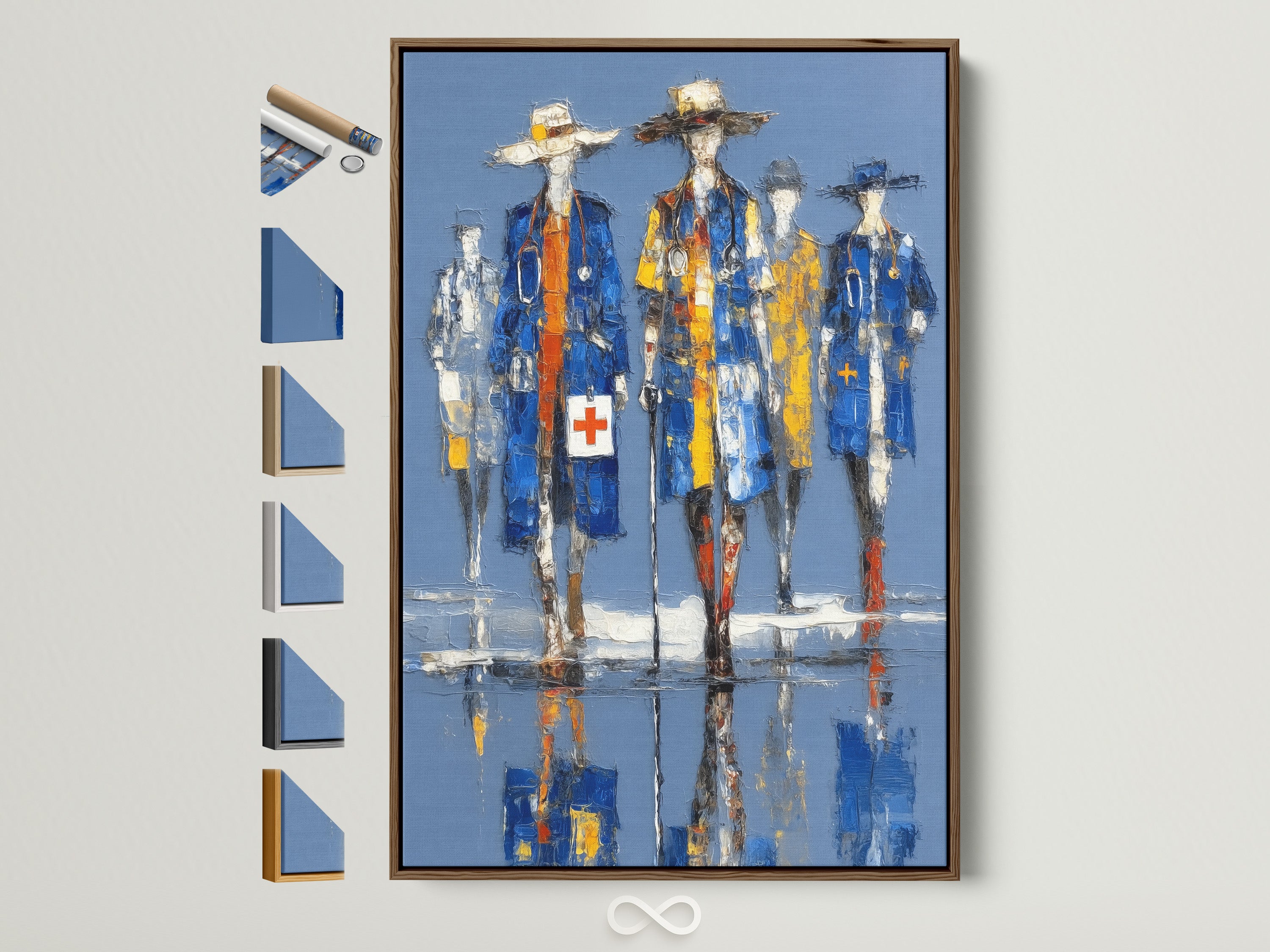 Brown frame showcases medical heroes artwork. This healthcare worker wall art features abstract doctors. The art print is displayed alongside other frame options. Perfect medical office decor.