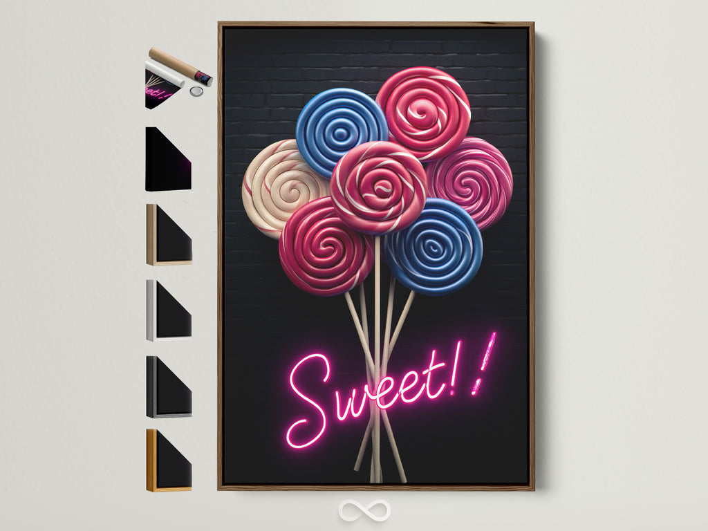 Lollipop Candy Artwork with a Brown Frame. The wall art features a playful pink and blue candy theme. Various frame options are displayed. Find the perfect frame to match your decor for this sweet treat wall art.