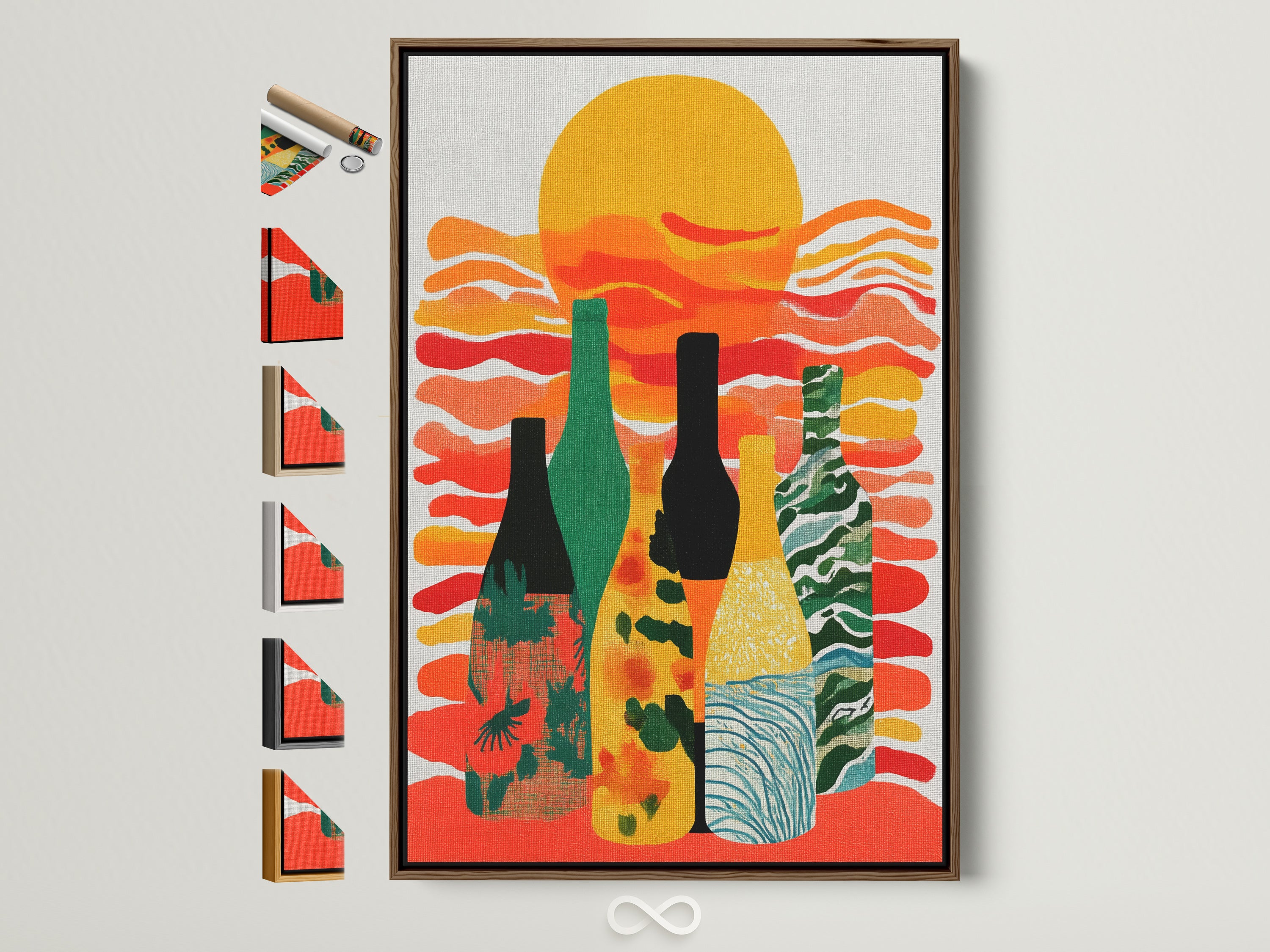 A brown frame surrounds a vibrant abstract wine bottle artwork. This colorful kitchen decor features modern art for dining rooms. Explore frame options to match minimalist or eclectic styles for your space.