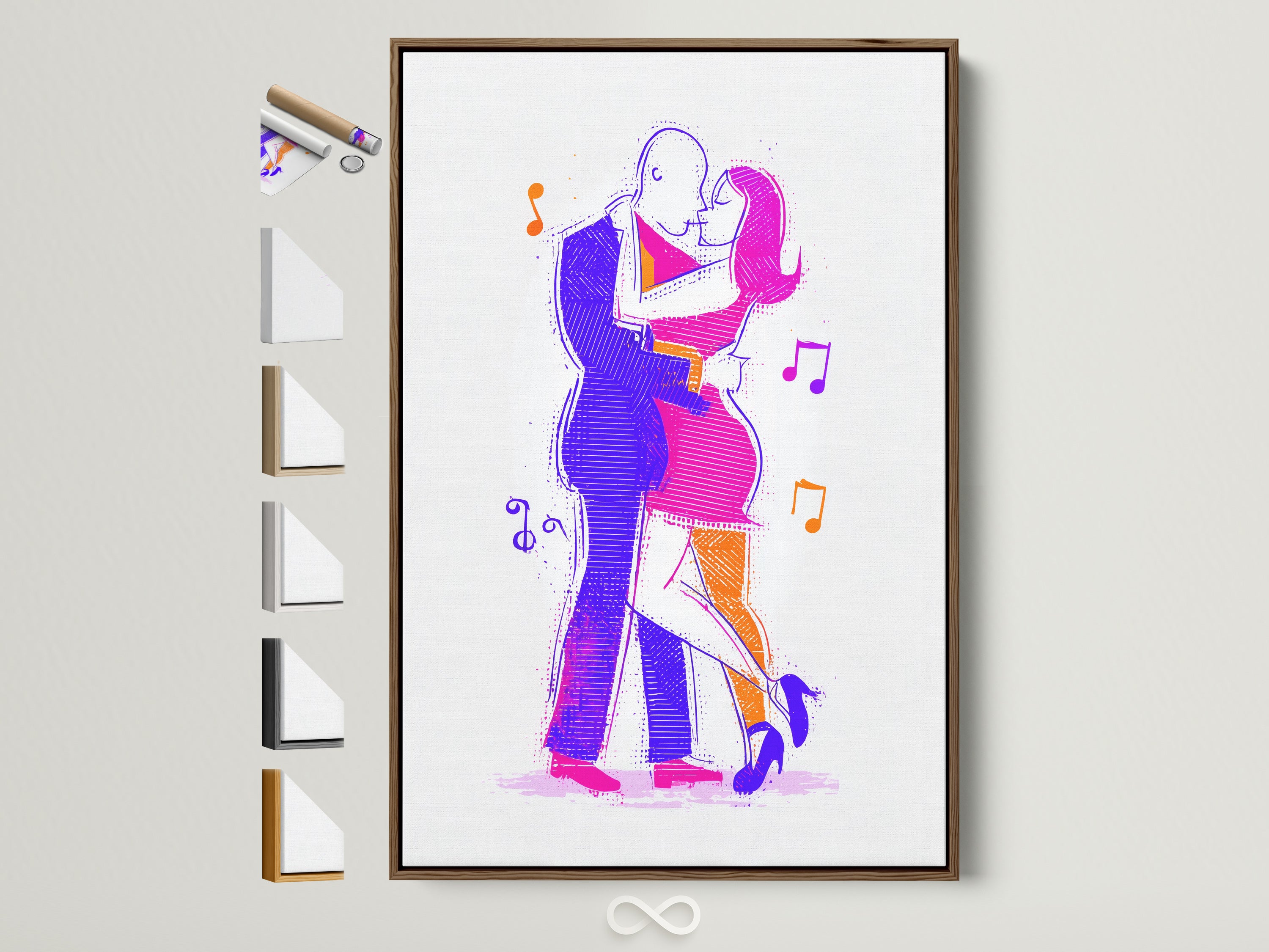 Brown frame displays a dancing couple art print. All frame options are visible on the side. The artwork features abstract line art. It's a modern music wall art piece. Perfect for home decor or as a gift for a dancer.
