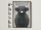 Highland Cow Canvas Print with Pink Horns in a Brown Frame. This farmhouse style artwork is perfect for nursery decor. See all available frame options to customize your wall art. Ideal for a rustic home decor theme. A charming piece for any room.