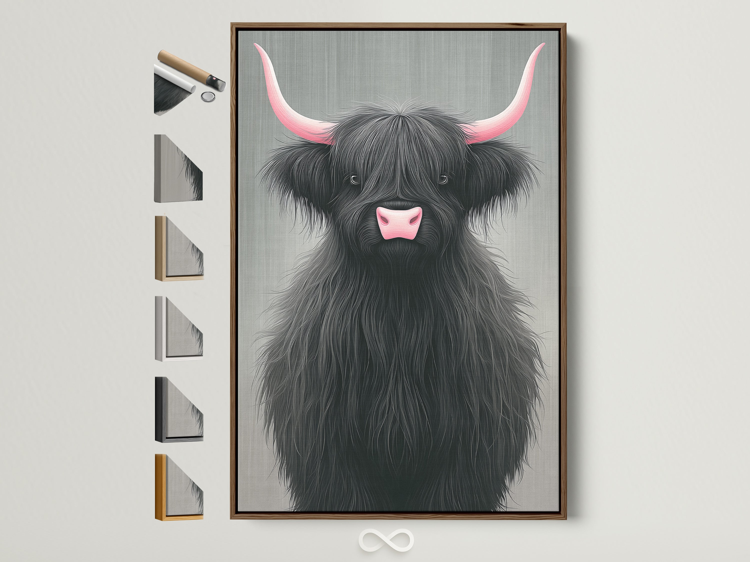 Highland Cow Canvas Print with Pink Horns in a Brown Frame. This farmhouse style artwork is perfect for nursery decor. See all available frame options to customize your wall art. Ideal for a rustic home decor theme. A charming piece for any room.
