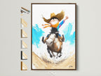 Boy Riding Horse Artwork inside a brown frame. This whimsical western art print is perfect for kids playroom decor. It creates a rustic and fun atmosphere. See all available frame options to customize your artwork.