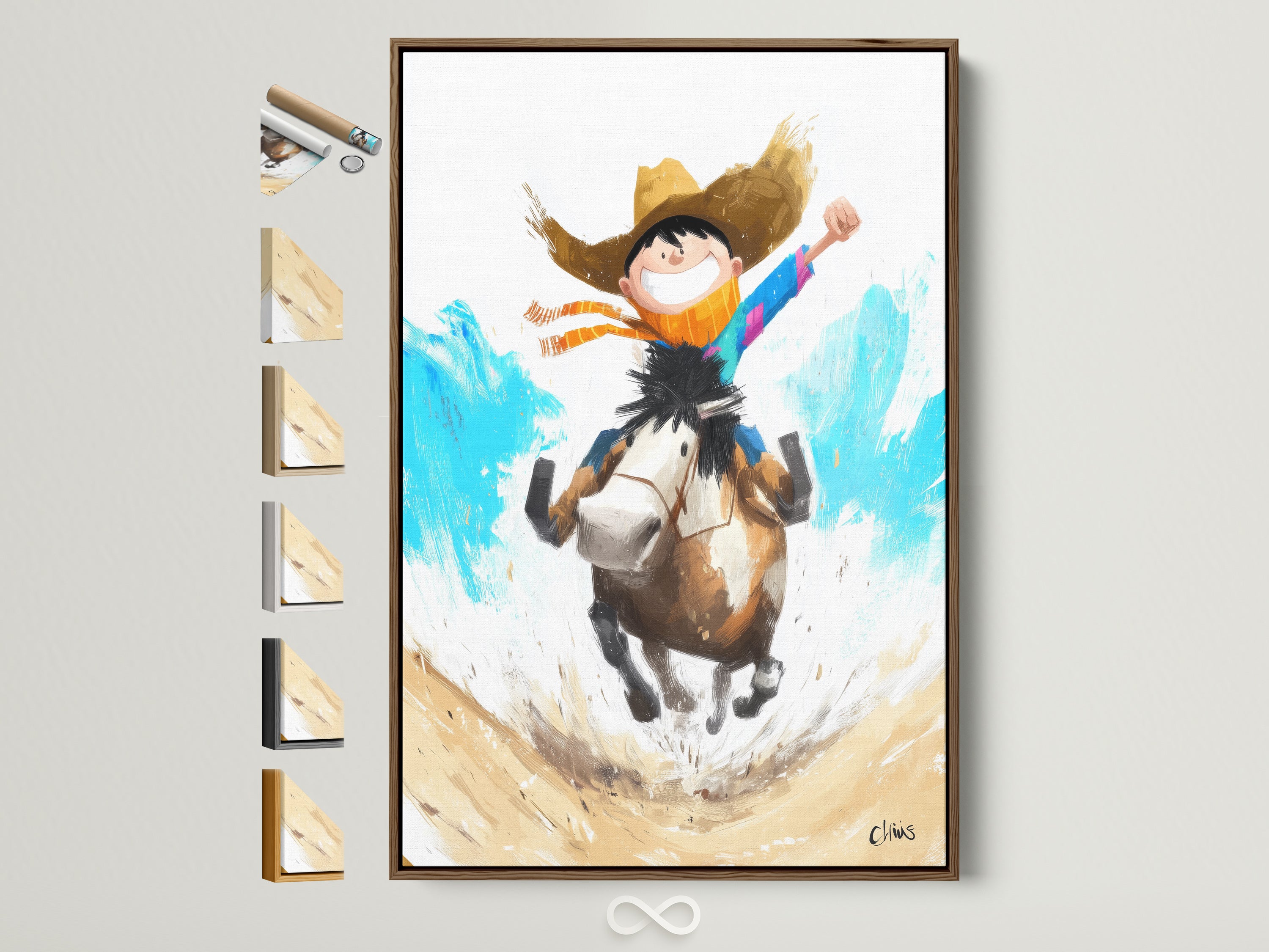 Boy Riding Horse Artwork inside a brown frame. This whimsical western art print is perfect for kids playroom decor. It creates a rustic and fun atmosphere. See all available frame options to customize your artwork.
