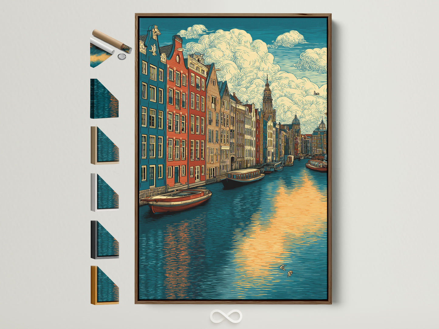 Impression d’art Amsterdam Canal - Art mural urbain européen, Affiche voyage vintage pour décor du salon, Toile d’architecture néerlandaise