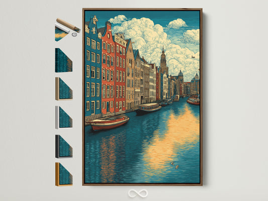 Amsterdam Canal Art Print - European City Wall Art, Vintage Travel Poster for Living Room Decor, Dutch Architecture Canvas