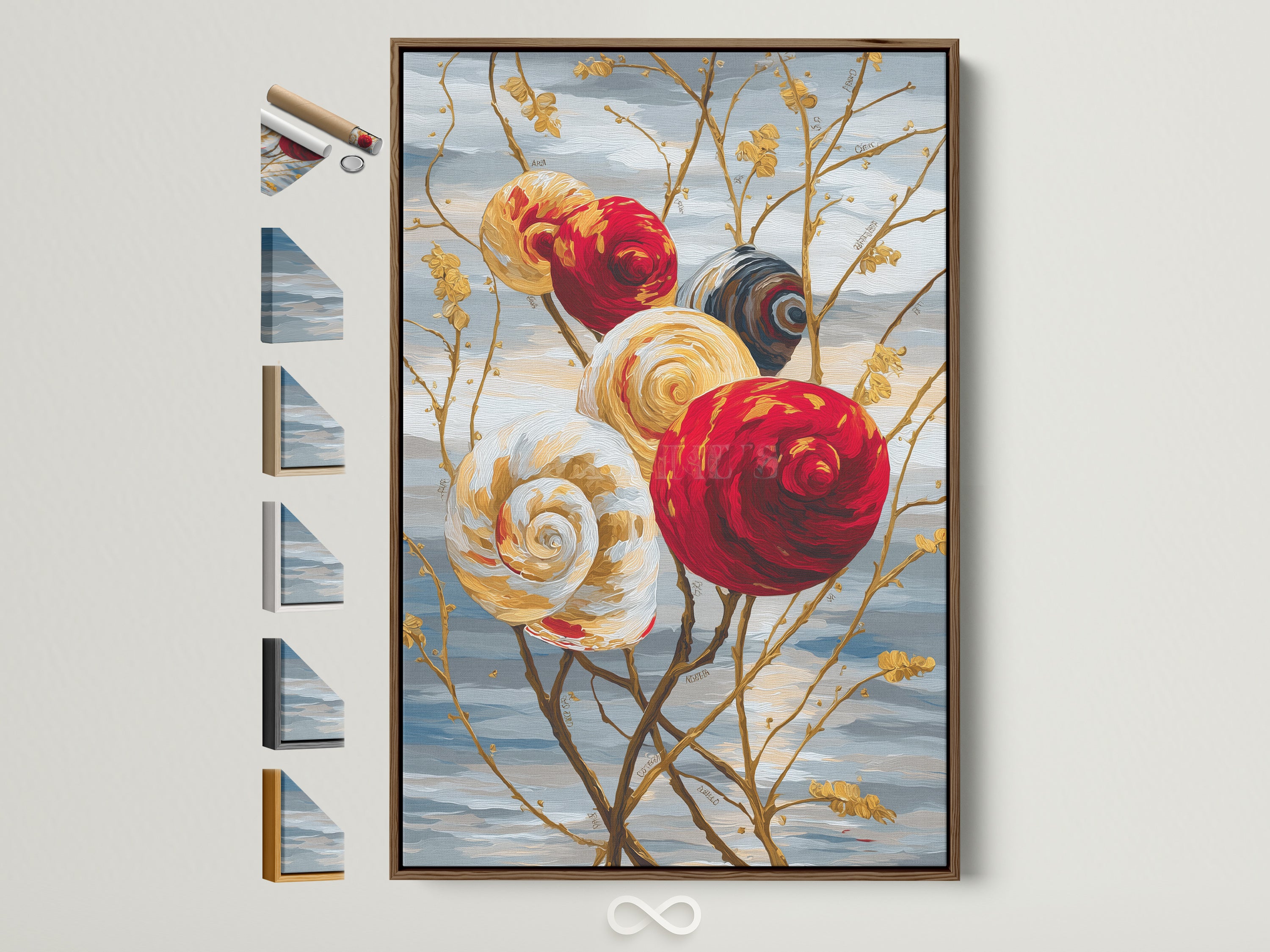 A brown frame displays spiral flowers artwork. See all frame choices on the side. Find the perfect frame to match your home decor. This abstract floral wall art makes a statement.