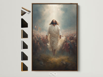Elevate your space with Jesus Christ artwork. See the brown frame option. Many frame choices are available. Find the perfect frame to complement this religious decor. Ideal for church office art or Christian home decor. A spiritual gift print that inspires faith.