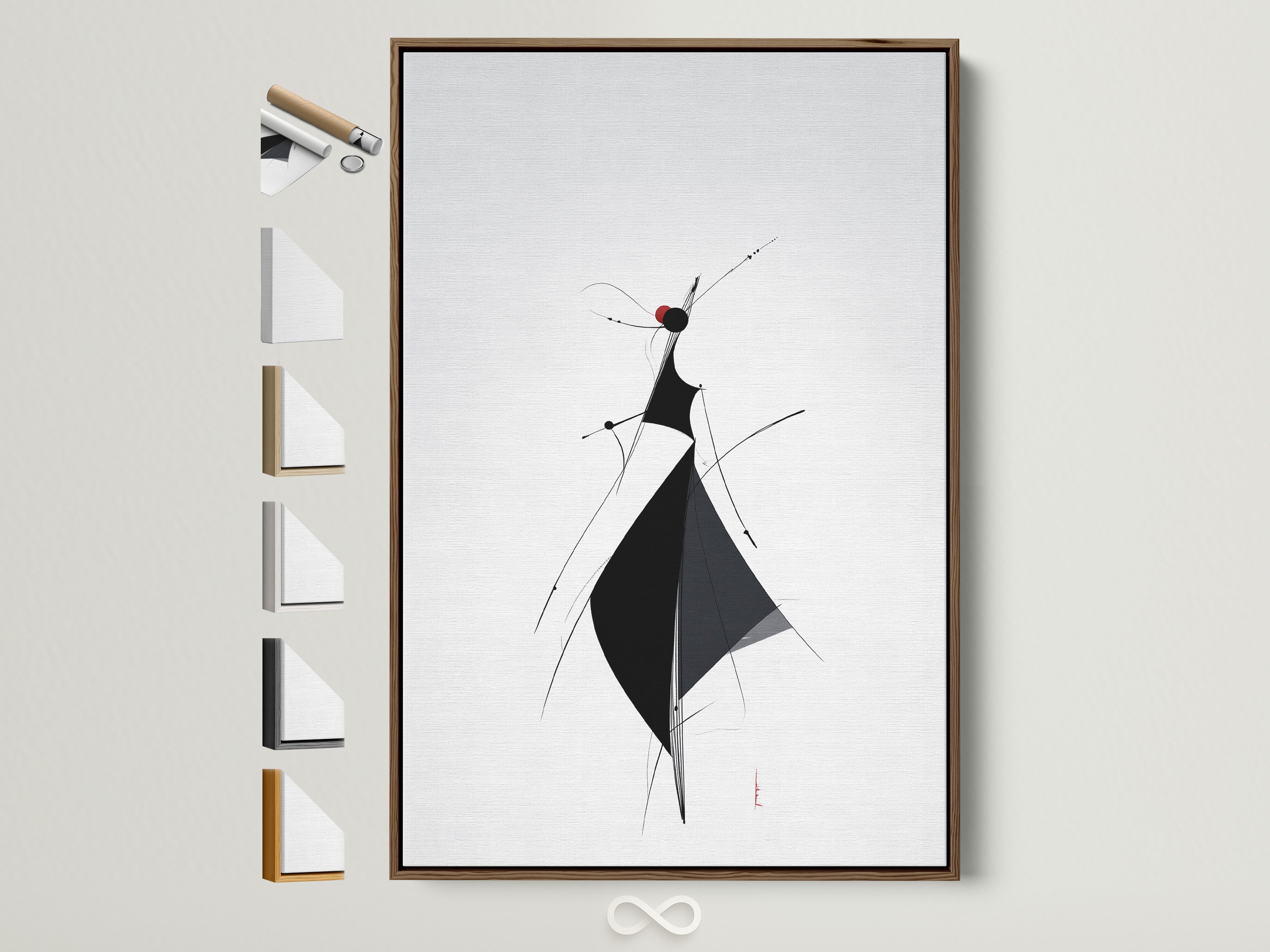 Framed artwork displayed in a brown frame. Various frame choices are showcased on the side. Find the perfect frame to complement your art. Explore our wide range of options. Create a gallery-worthy display. Elevate your artwork with our exquisite frames.