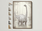 A charming Brontosaurus artwork is framed in a warm brown wood. The frame is displayed on a white wall. This wall art is a great addition to any room. See frame options available on the side.