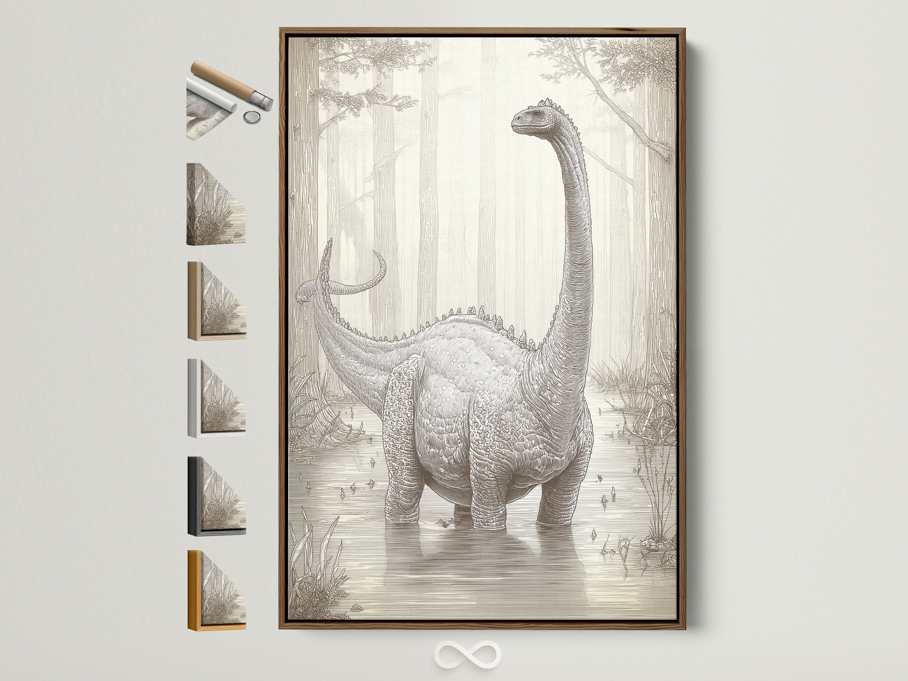A charming Brontosaurus artwork is framed in a warm brown wood. The frame is displayed on a white wall. This wall art is a great addition to any room. See frame options available on the side.