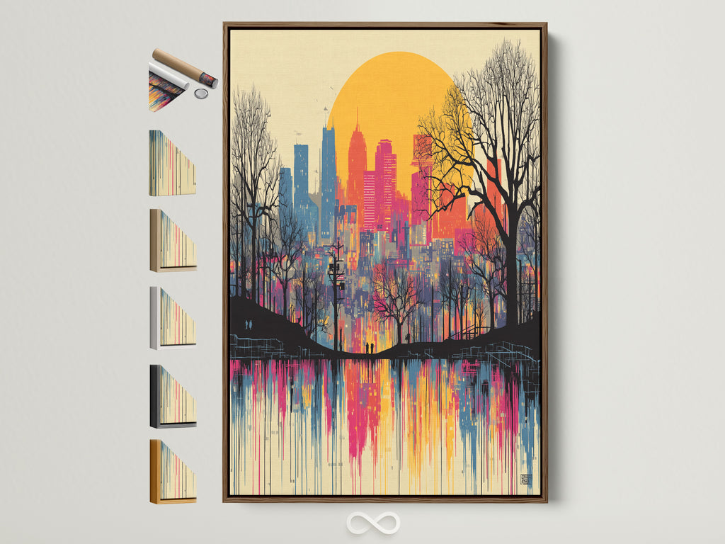 Brown frame showcasing a City Skyline Canvas Print. The artwork features a sunset urban landscape in a colorful drip paint style. See all frame options available for this contemporary piece. Perfect wall art for any room.