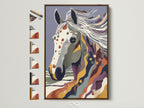 A captivating abstract horse artwork is displayed in a brown frame. Other frame options are visible offering a glimpse into the variety available. This piece adds a touch of bohemian flair. It enhances any space with its unique blend of color and style.